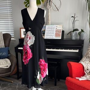 Ted Baker London Black Midi Dress with Pink and White Floral Design size 1